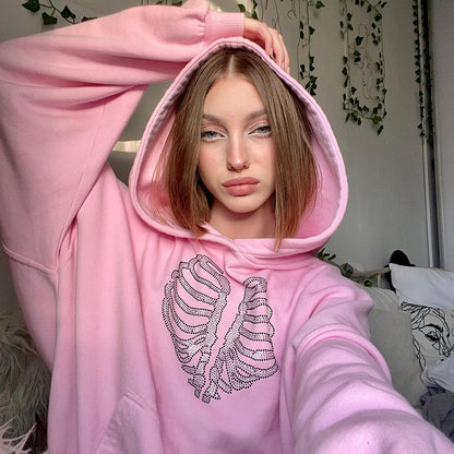 Trendy Skeleton Rhinestone Loose Hooded Sweater Women Gym From House Pink Y23TP428 L