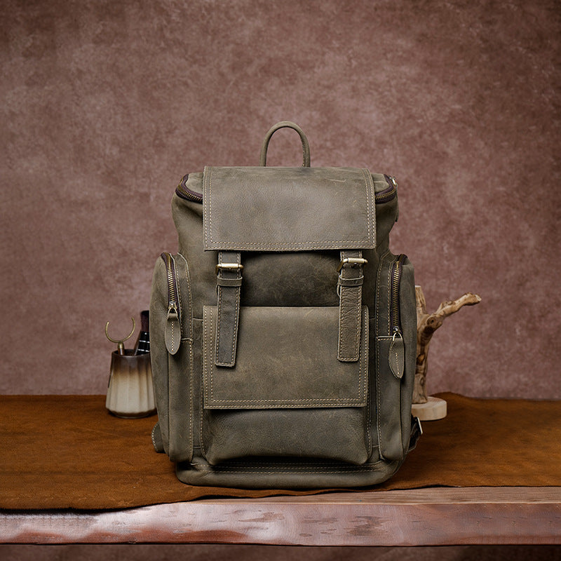 Retro Crazy Horse Leather Mens Backpack male computer