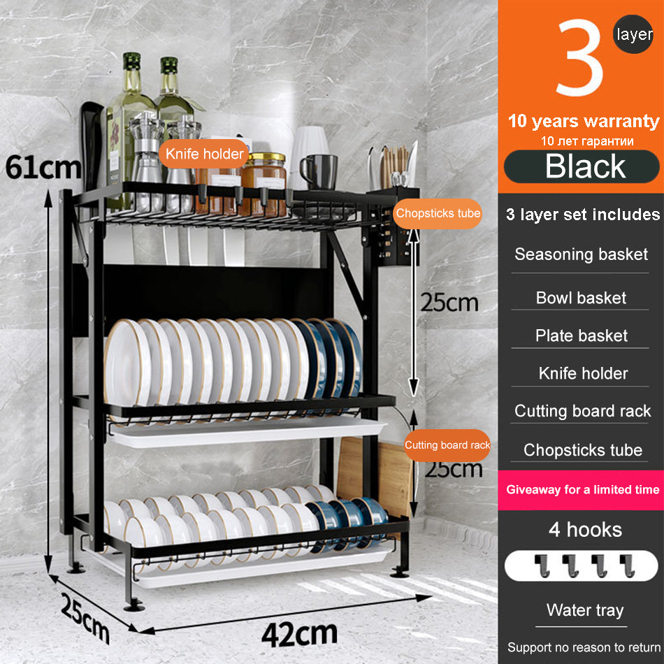 Installation-free Integrated Kitchen Supplies Storage Rack Stainless Steel Kitchen dealsniper-net Black threelayer full set