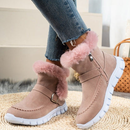 New Snow Boots Winter Warm Thickened Solid Color Plush Ankle Boots With Buckle Design Plus Velvet Flat Shoes For Women Women dealsniper-net Pink Size35