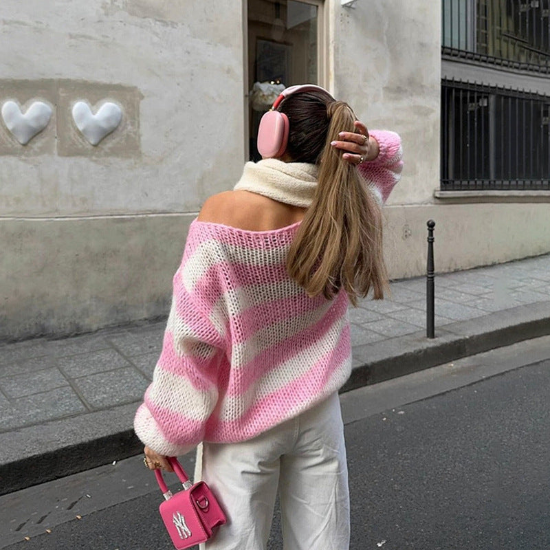 Loose Striped Pullover Sweater Fashion Versatile Long-sleeved Women Gym From House