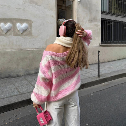 Loose Striped Pullover Sweater Fashion Versatile Long-sleeved Women Gym From House