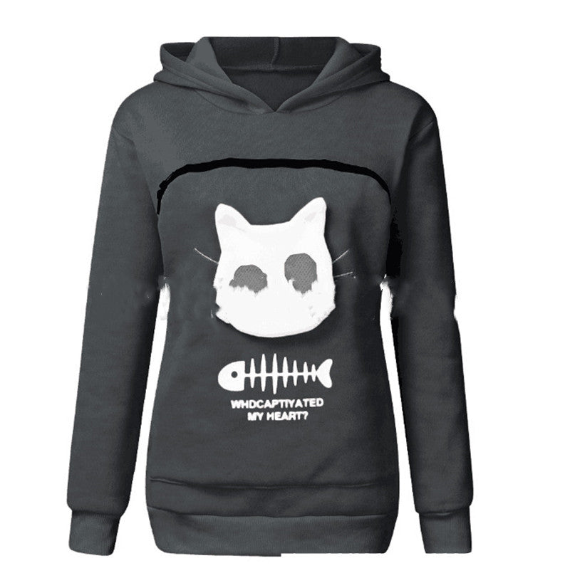 Women Hoodie Sweatshirt With Cat Pet Pocket Design Women dealsniper-net Dark grey L