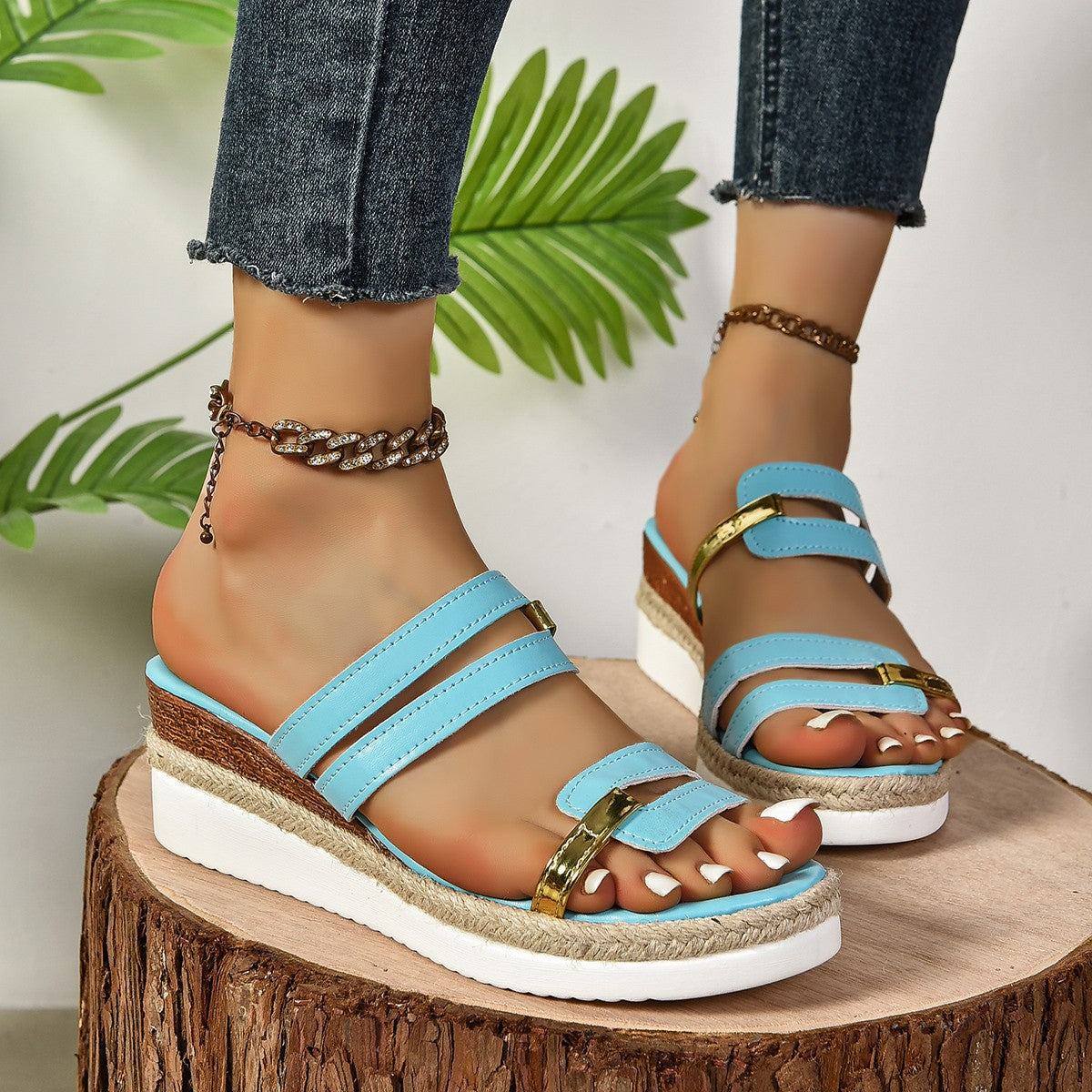 Colorblock-strap Wedges Sandals Summer Fashion Hemp Heel Women dealsniper-net Sky Blue Size36
