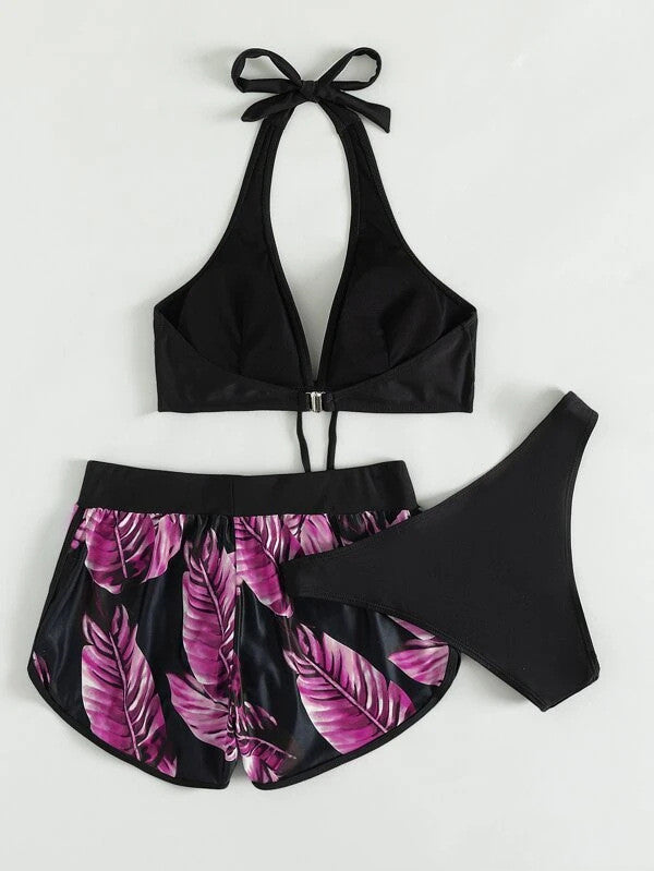 3pcs Leaf Print Bikini With Shorts Fashion Summer Beach Swimsuit Womens Clothing Women DealSniper.net Pattern5 L