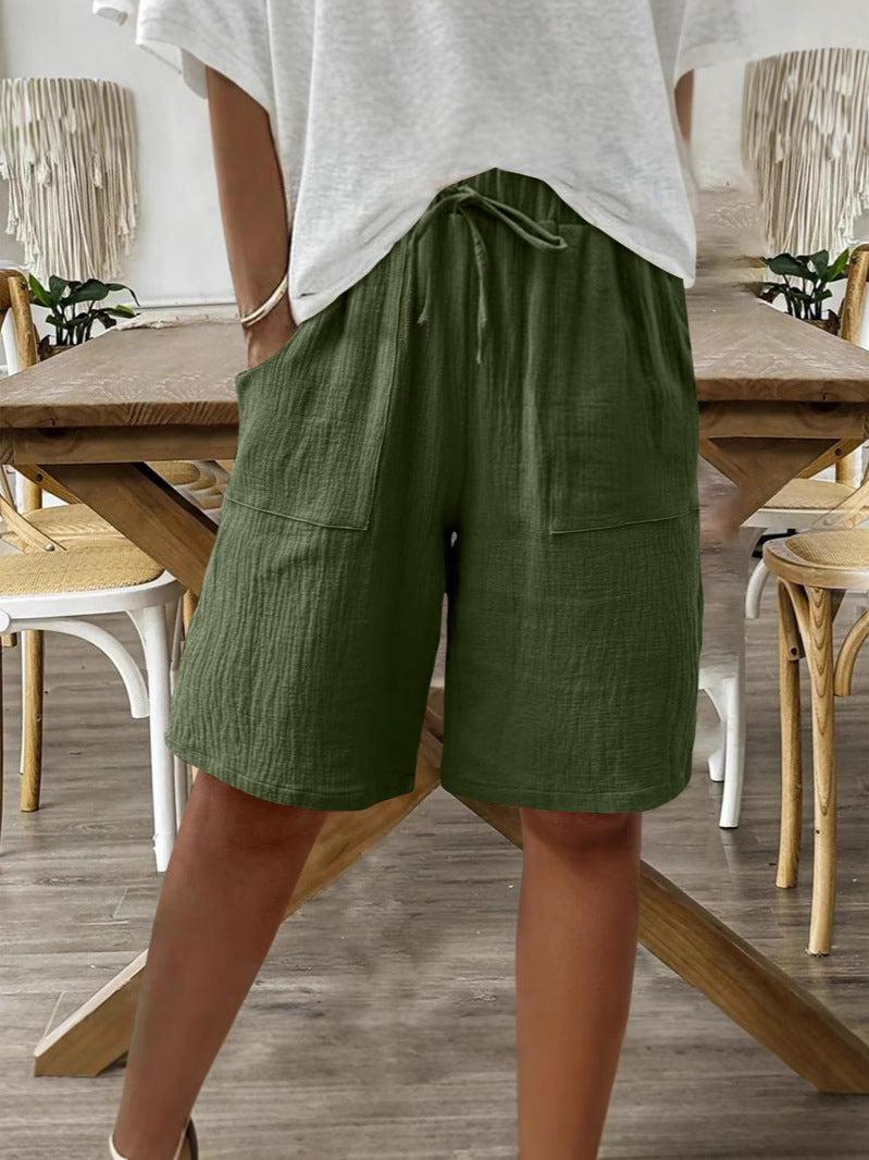 Linen Cotton Shorts, Solid Color Casual Shorts Tie Detail Shorts Women DealSniper.net