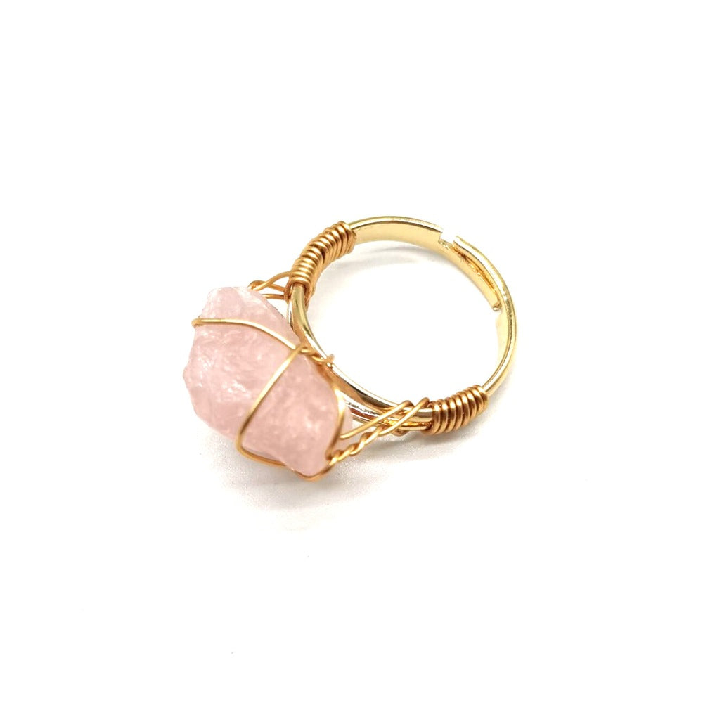 Personality Hand Wrapped Rough Stone Agate Ring Jewelry dealsniper-net Pink crystal adjustable