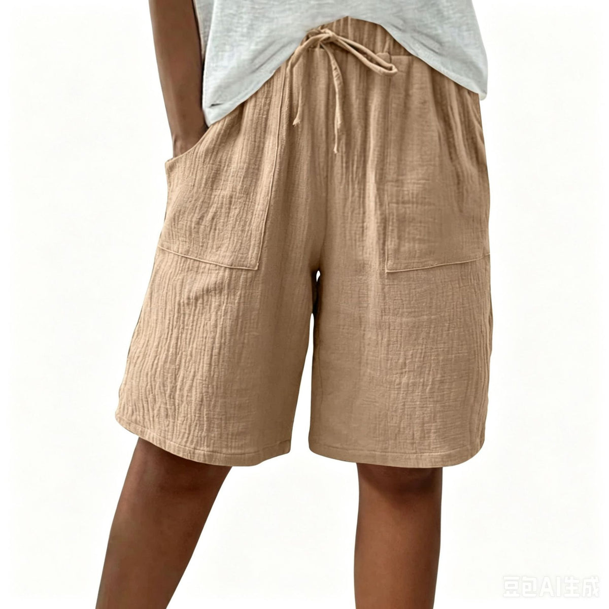 Linen Cotton Shorts, Solid Color Casual Shorts Tie Detail Shorts Women DealSniper.net Add light brown color 4XL