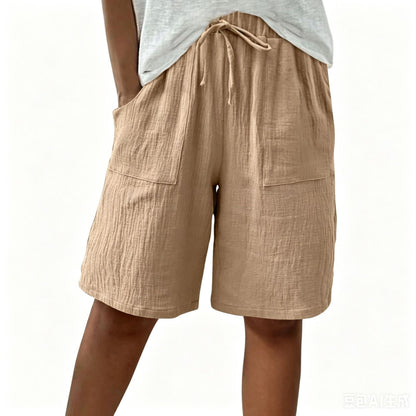 Linen Cotton Shorts, Solid Color Casual Shorts Tie Detail Shorts Women DealSniper.net Add light brown color 4XL