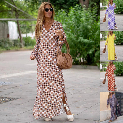 Summer Geometric Printed V-neck Long Dress Fashion Women dealsniper-net