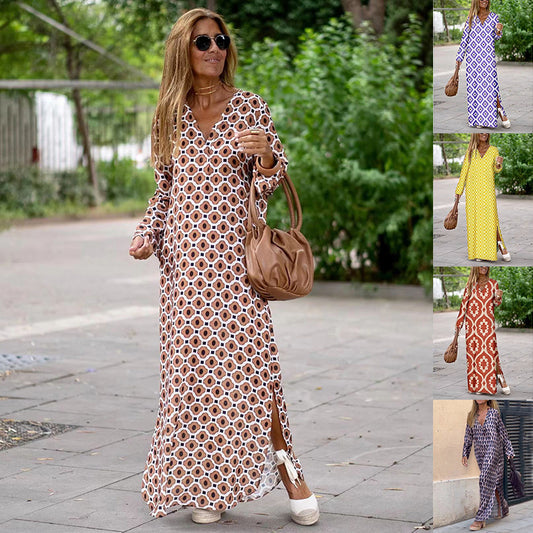 Summer Geometric Printed V-neck Long Dress Fashion