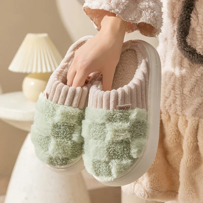 Plaid Plush Slippers Women's Indoor Plush Home Slippers Soft Sole Thick Non-Slip Warm House Shoes Couple Autumn And Winter Women DealSniper.net