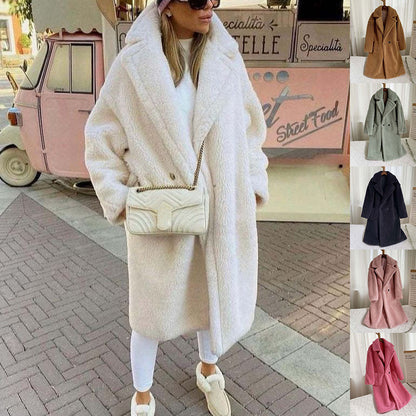 Lapel Lamb Fleece Coat With Pockets Faux Fur Coat