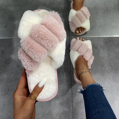 Cross-strap Furry Slippers Home Flat Indoor Floor Bedroom House Shoes Women