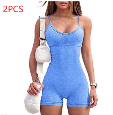 Spaghetti Strap Shorts Jumpsuit Sports Yoga Workout Tight Women dealsniper-net Blue L 2PCS