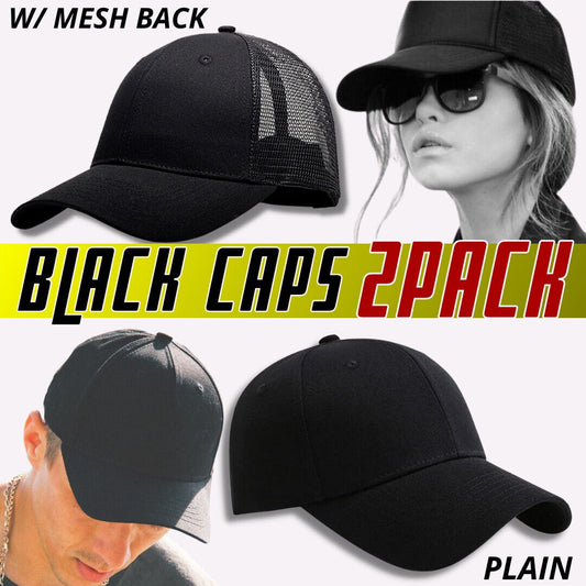 2 Pack Baseball Cap Ball Dad Hat Adjustable Plain Solid Washed Mesh Men Women Men dealsniper-net Black Baseball Cap