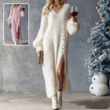 Chic Split Knitted Dress With Buttons Design Winter V-Neck Fleece Women Gym From House