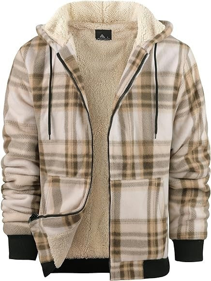 Men's Plaid Print Hooded Zip-Up Jacket Winter Coat Clothing