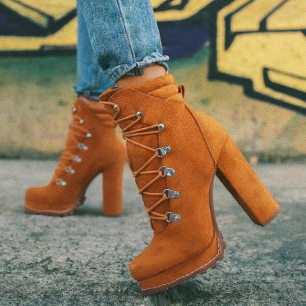 Heeled Boots For Women Round Toe Lace UP High Heels Boots Mid Calf Shoes Women dealsniper-net Brown yellow Size35