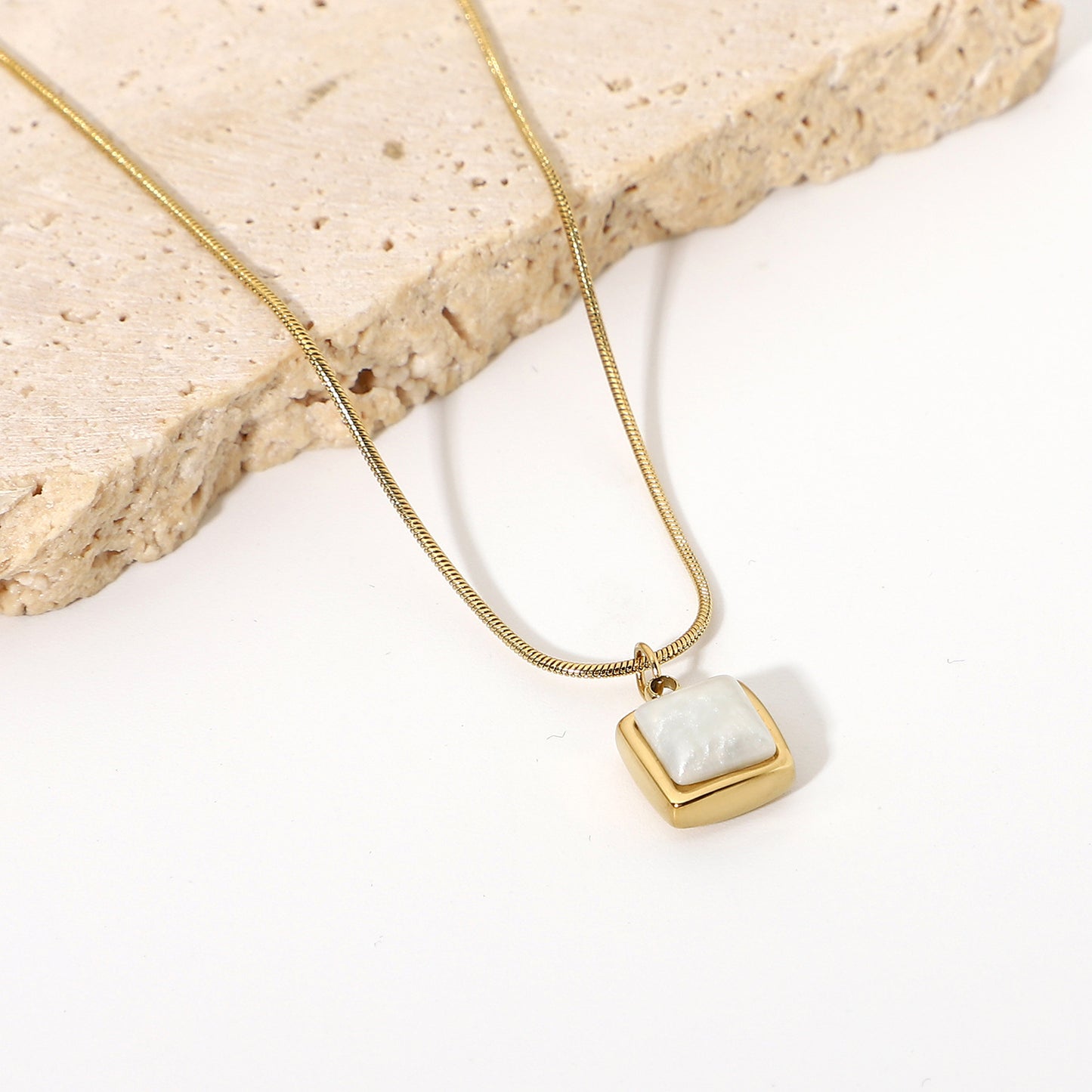 14K Gold Plated Stainless Steel Necklace Square White Jade Jewelry dealsniper-net