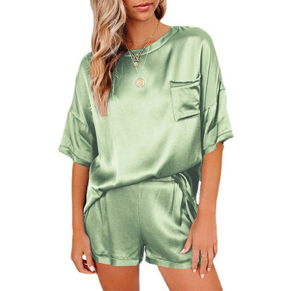 Pajama Set Short Sleeve Sleepwear Women Home Clothing Women dealsniper-net Bean green 3XL