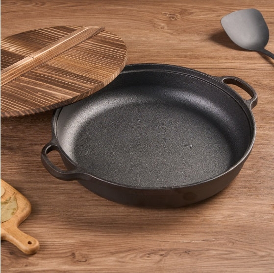 Cast Iron Wok With Dual Handles And Wooden Lid Kitchen dealsniper-net