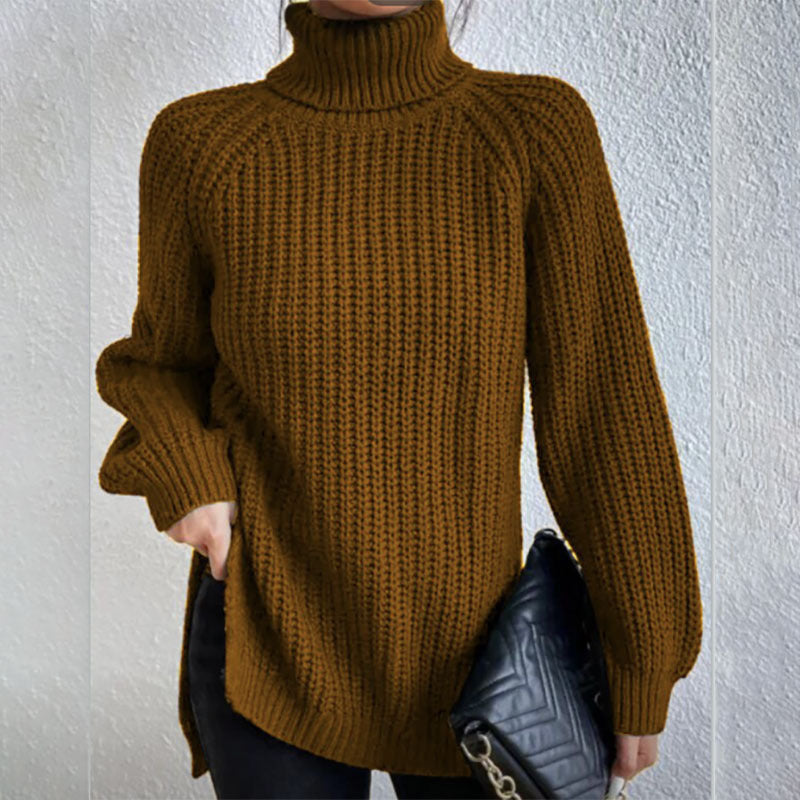 Turtleneck Pullover Sweater With Split Design Fashion Simple