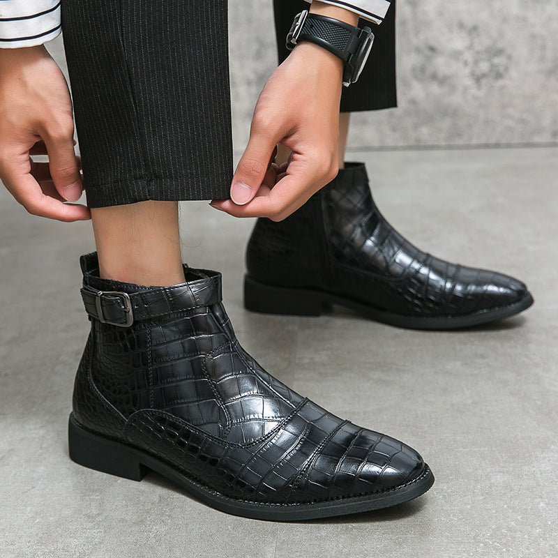 Men's Crocodile Pattern Boots Fashion Pointed Toe Low Square