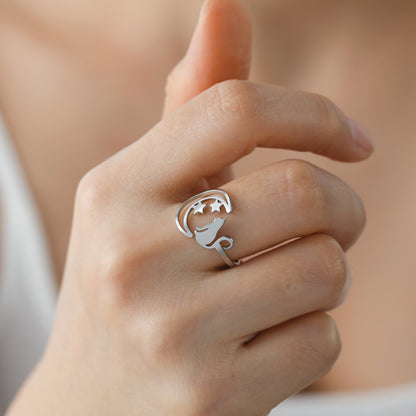 Personalized Simple Women's Crescent Star Cat Ring Jewelry dealsniper-net