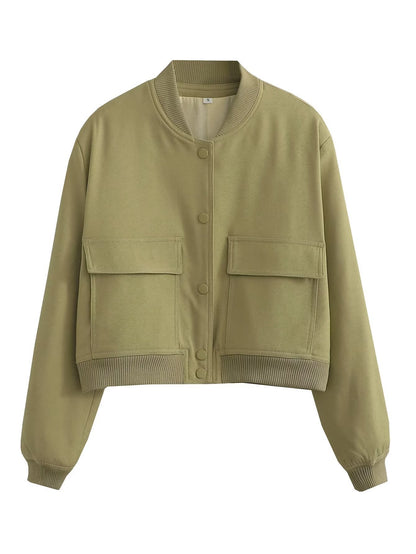 Casual Single-breasted Stand Collar Short Jacket With Pockets Women dealsniper-net Olive green L