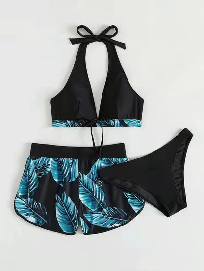 3pcs Leaf Print Bikini With Shorts Fashion Summer Beach Swimsuit Womens Clothing Women dealsniper-net Blue L