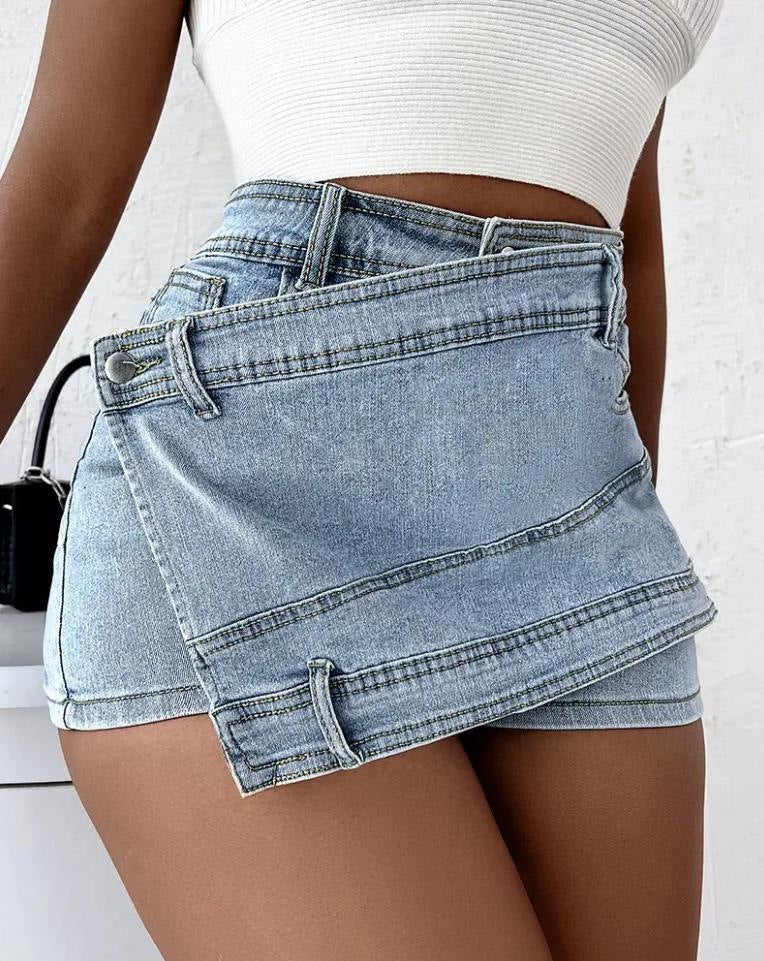 Y2K Street Vintage Denim Shorts Stretch Overlap Waist Wrap Women dealsniper-net Light Blue 2XL