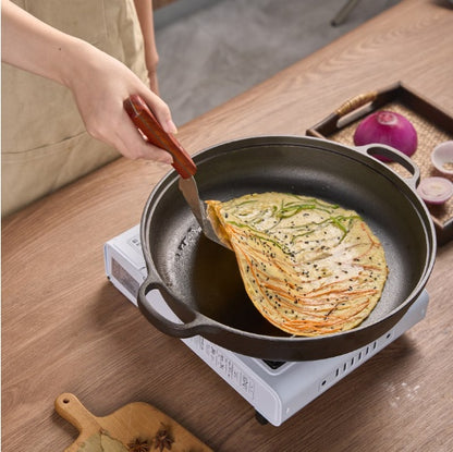 Cast Iron Wok With Dual Handles And Wooden Lid Kitchen dealsniper-net