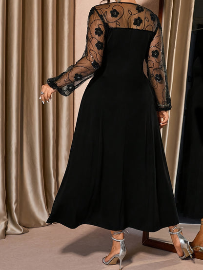 Summer Plus Size Square Neck Mesh Spliced Midi Dress Elegant Casual Women Gym From House