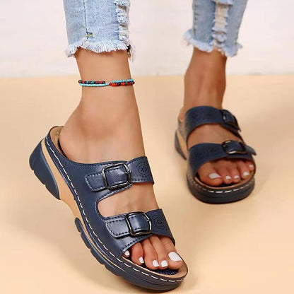 Double Buckle Slippers Women Flat Sandals Summer Women dealsniper-net Dark blue Size35