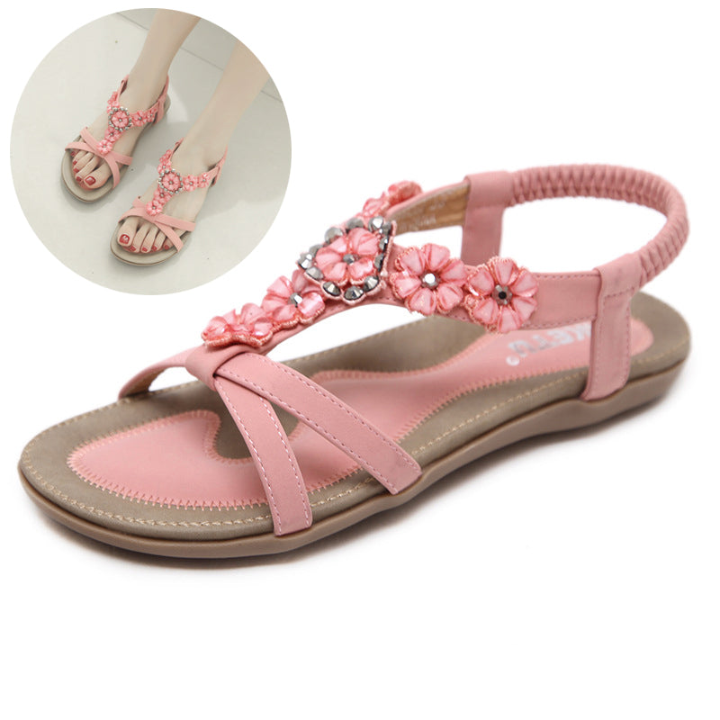 Sandals Women's Bohemian Flowers Rhinestone Flats Beach Shoes Women DealSniper.net