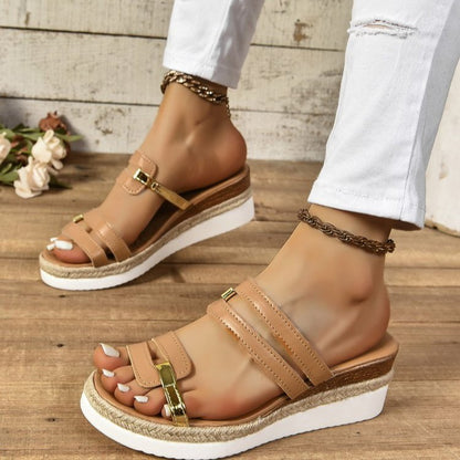 Colorblock-strap Wedges Sandals Summer Fashion Hemp Heel Women dealsniper-net Khaki Size36