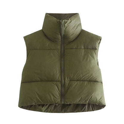 Winter Short Vest For Women Solid Color Zip Sleeveless Lapel Jacket Fashion Bread Coat Women dealsniper-net Army Green 2XL