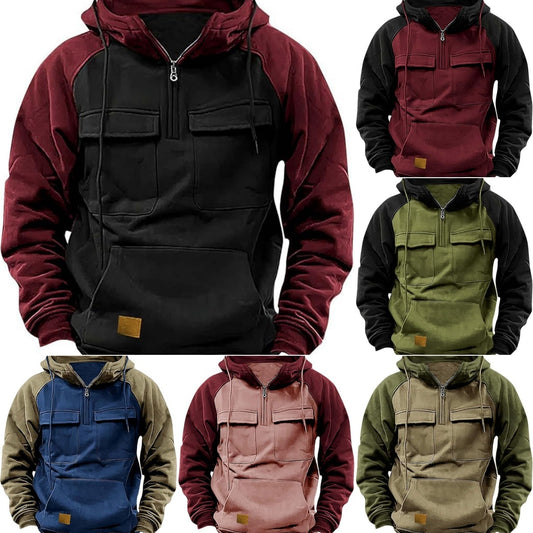 Fall Winter Retro Cargo Hoodies Men's Half Zipper Sweatshirts Men null