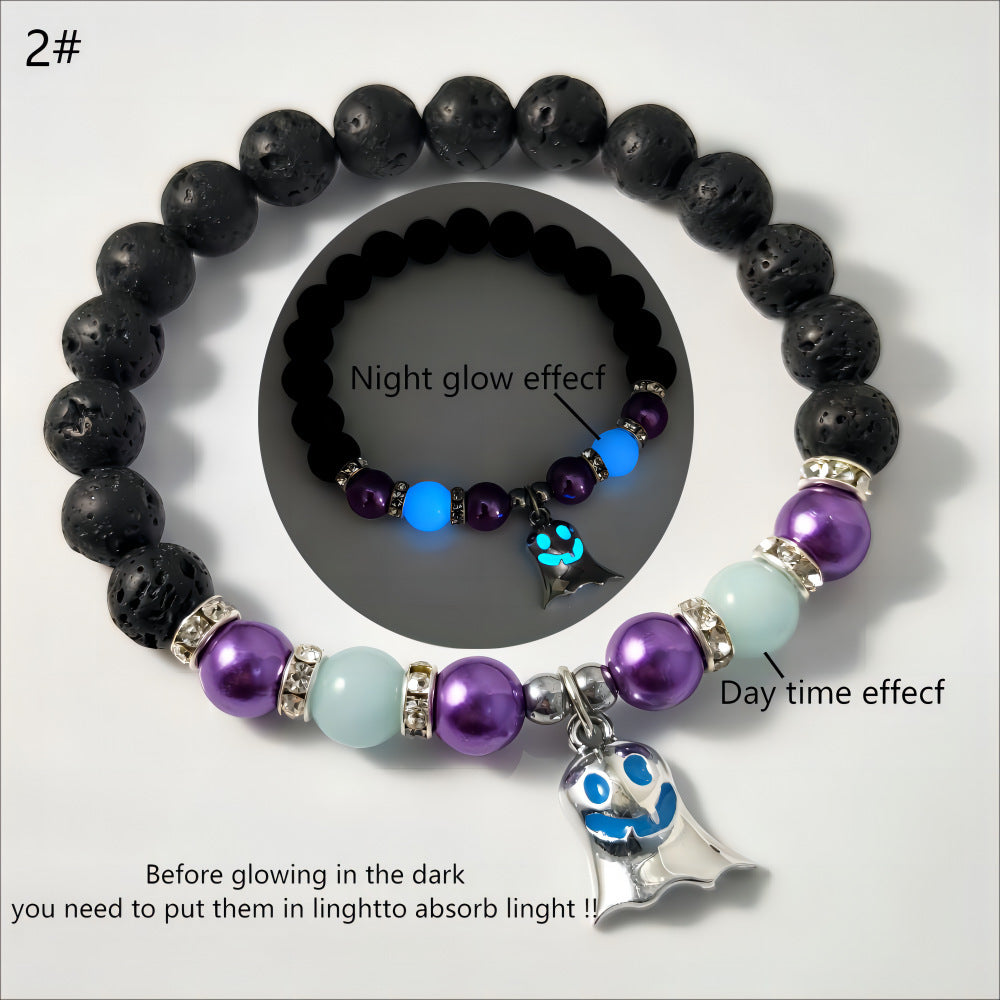 Halloween Gift Luminous Little Ghost Natural Volcano Bracelet Jewelry dealsniper-net 2 Purple Beads Blue Light