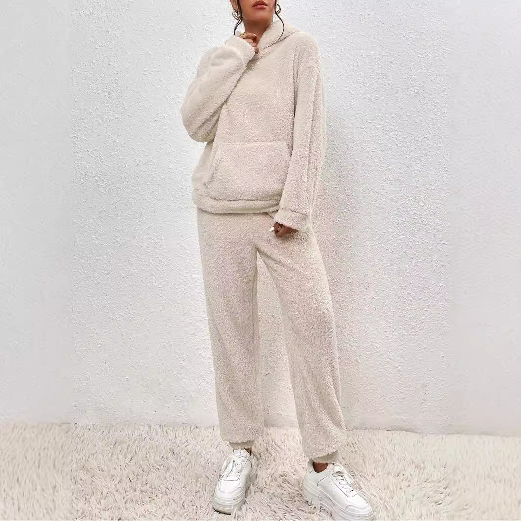 Winter Plush Pajama Set Fashion Casual Hooded Top And Elastic Band Women null