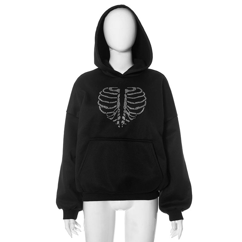 Trendy Skeleton Rhinestone Loose Hooded Sweater Women Gym From House Black Y23TP428 L
