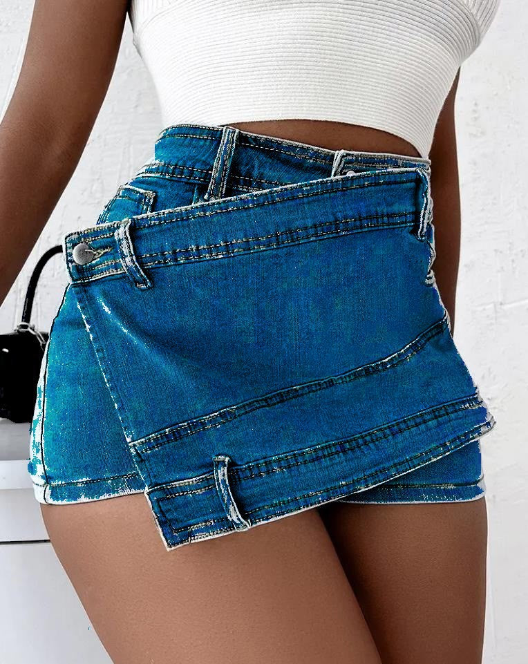 Y2K Street Vintage Denim Shorts Stretch Overlap Waist Wrap Women dealsniper-net Dark Blue 2XL
