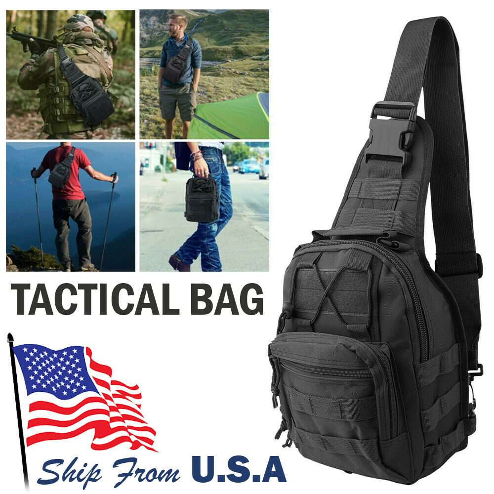 Men Backpack Tactical Sling Bag Chest Shoulder Body Molle Day Pack Pouch Black Men dealsniper-net