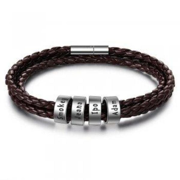 Personalized Mens Braided Genuine Leather Bracelet Stainless Steel