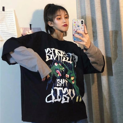 Spring sports fake two-piece hedging cartoon T-shirt women loose Women DealSniper.net