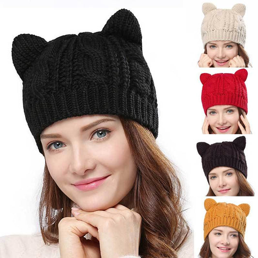 Hand Made 3D Cute Knitted Cat Ear Beanie For Winter Women dealsniper-net