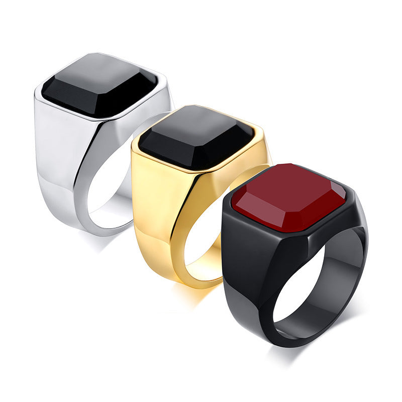 Men's stainless steel black agate ring Jewelry dealsniper-net