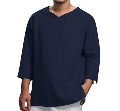Loose Casual V-neck Top Cotton And Linen Long Sleeve Men DealSniper.net Navy Blue 2XL
