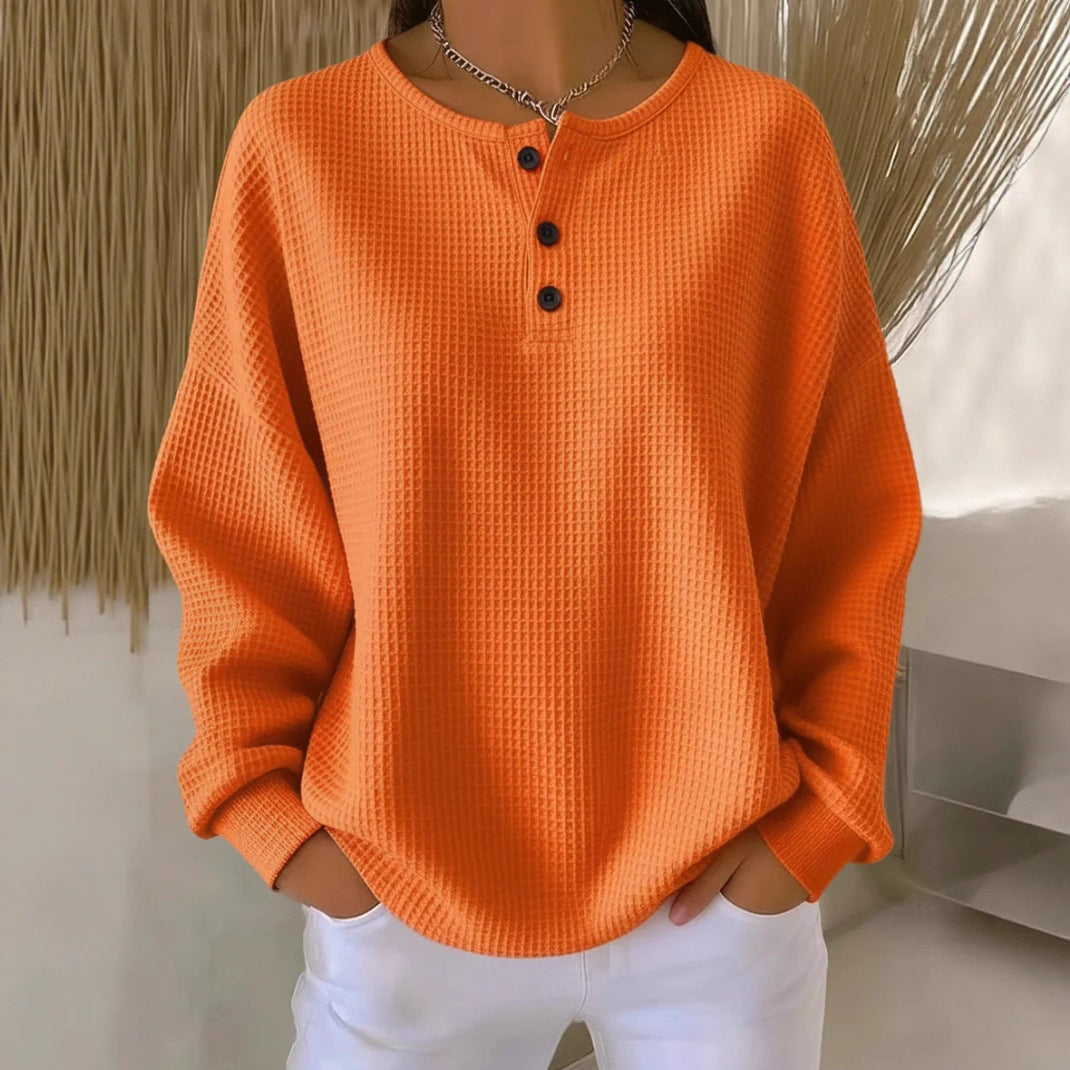 Ins Waffle Long-sleeved T-shirt Fashion Solid Color Buttons Women Gym From House